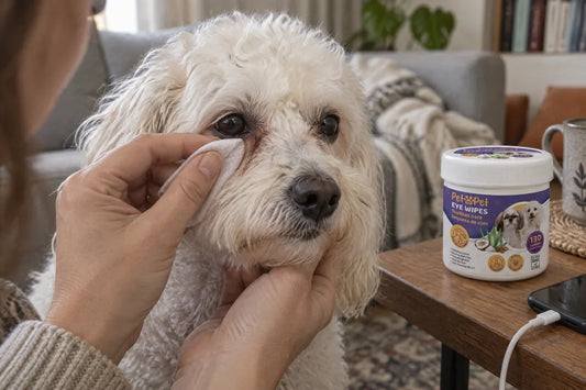 Tutora limpiando el contorno del ojo de su perro blanco